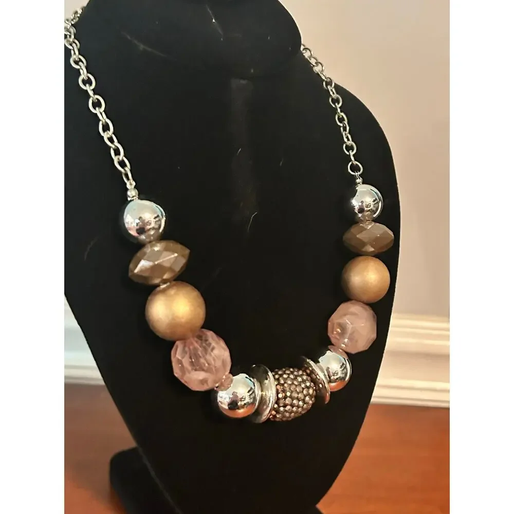 Chunky Statement Necklace Rhinestone Barrel Bead Mixed Media Silver Copper Blue
